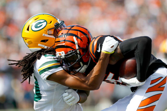 Tee Higgins tries to run through Kevin King when the teams met in 2021 in Cincinnati. (Photo by USA Today Sports)